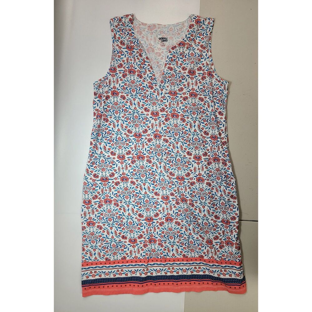 Lands' End Floral Knit Sundress Coral Blue V-Neck Sleeveless Casual Dress M